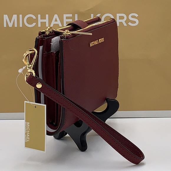 MICHAEL KORS LARGE DOUBLE ZIP WRISTLET WALLET DARK CHERRY COLOR MERLOT MULBERRY - Picture 10 of 16